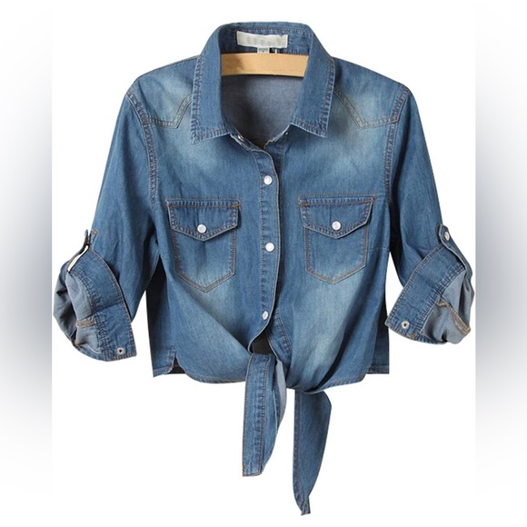 Tops - 3/4 Sleeve Denim Crop Top Tie Knot Shirt Cardigan